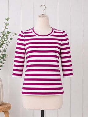 J. Crew Striped Puff-Sleeve 3/4 Sleeve Tee Fuchsia and White - Women’s Small